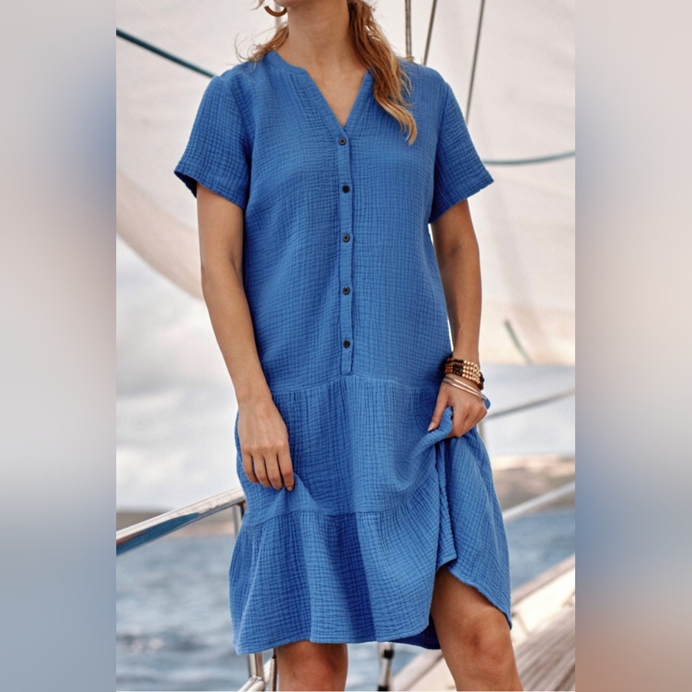 J.Jill XL Cotton Gauze Tiered Midi Dress Blue Drop Waist